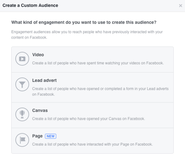 Facebook vă permite să creați patru segmente de public personalizate bazate pe implicare.