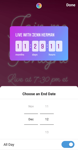 Cum se folosește autocolantul Instagram Countdown pentru afaceri, data de sfârșit a numărului invers al pasului 3.
