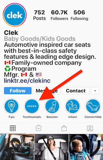 Instagram Stories scoate în evidență albumul pentru mărturii pe profilul afacerii Clek