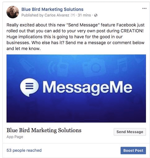 Facebook a adăugat opțiunea de a include un buton la postările de pe pagină, care oferă utilizatorilor posibilitatea de a răspunde direct în Messenger.