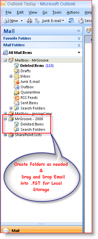 Inbox 2007 Outlook afișând fișierul cu date personale .PST în panoul de navigare:: groovyPost.com