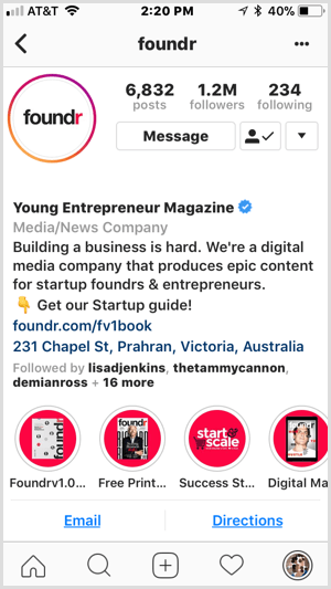 Evidențierea de marcă Instagram pe profilul Foundr.