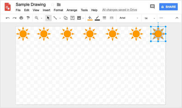 În timp ce încercați să vă aliniați forma într-un rând în Google Drawings, apar linii de referință utile în timp ce dați clic și trageți copiile.