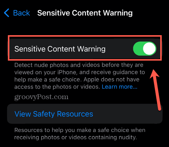 Activează avertismentul privind conținutul sensibil iOS
