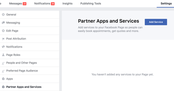 Faceți clic pe Aplicații și servicii partenere în Setările paginii dvs. Facebook.
