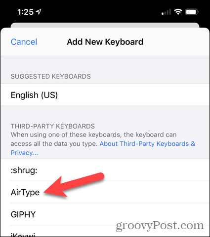 Atingeți AirType din lista Tastaturilor terțe din Setări iPhone