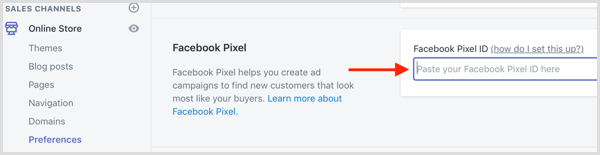 Inserați-vă ID-ul Facebook Pixel în Shopify.