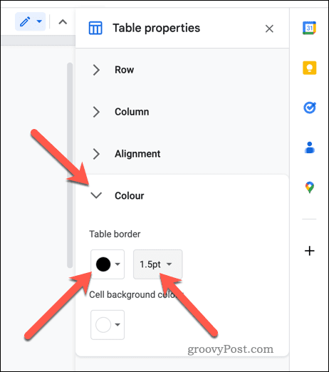 Setați proprietățile chenarului tabelului în Google Docs