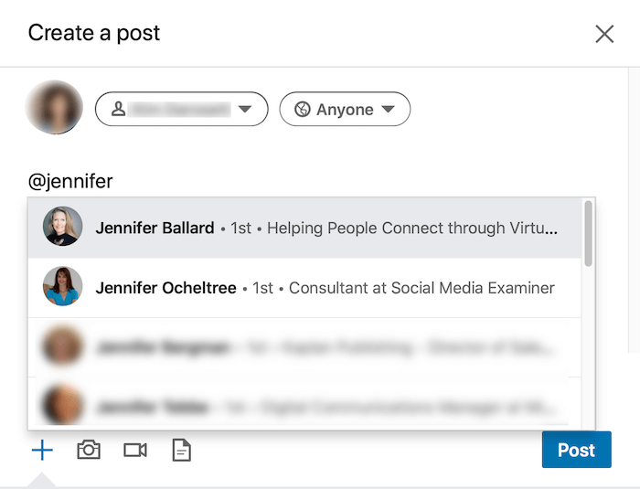 exemplu linkedin creați o opțiune de postare pentru a eticheta persoane individuale
