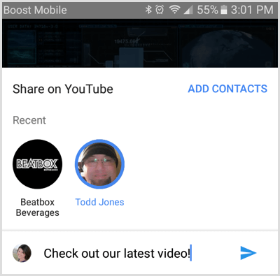 Selectați persoana de contact cu care să partajați videoclipul YouTube
