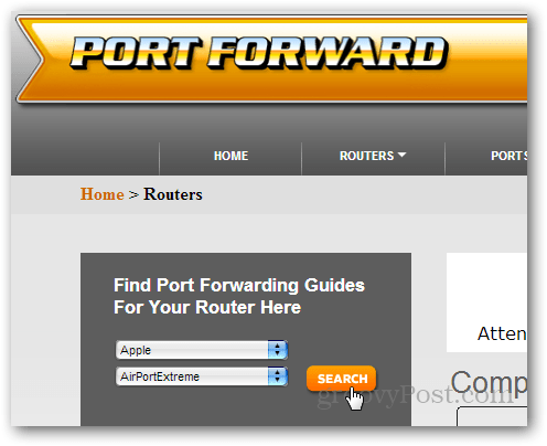 găsirea unui ghid de router pe portforward.com