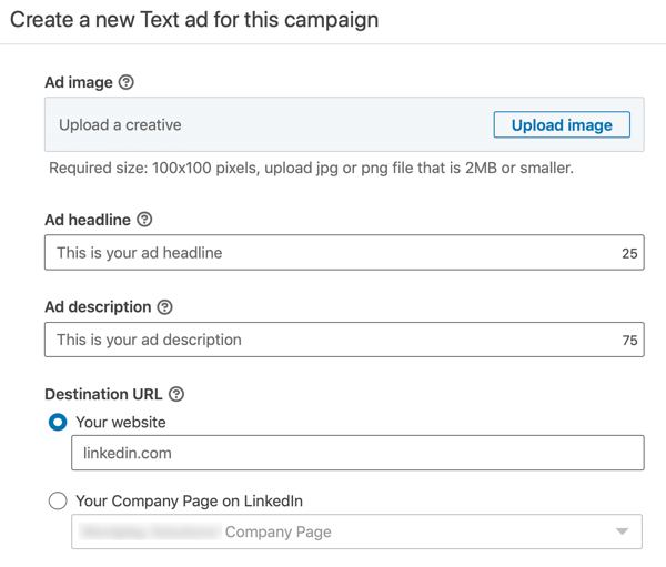 Cum se creează un anunț text LinkedIn, pasul 12, setări pentru textul publicitar