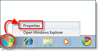 porniți proprietățile meniului în Windows 7
