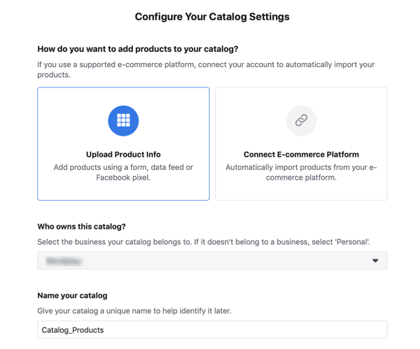 Utilizați Instrumentul de configurare a evenimentelor Facebook, pasul 20, opțiunile din meniu pentru a completa catalogul dvs. Facebook Ads