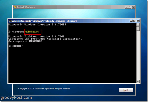 Windows 7 Native VHD Instalează Dual Boot Launch Diskpart 6.1.7048 de la CMD Prompt să creeze fișierul VHD