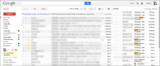 captură de ecran a previzualizării gmail cu toate e-mailurile din al doilea panou din dreapta