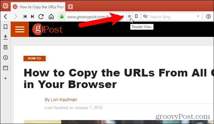 Faceți clic pe View Reader în bara de adrese din Vivaldi