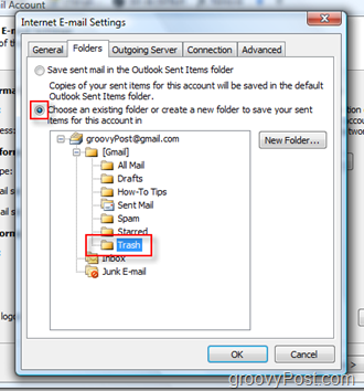 Configurați folderul SEND Mail pentru contul iMAP din Outlook 2007:: Alegeți folderul de gunoi