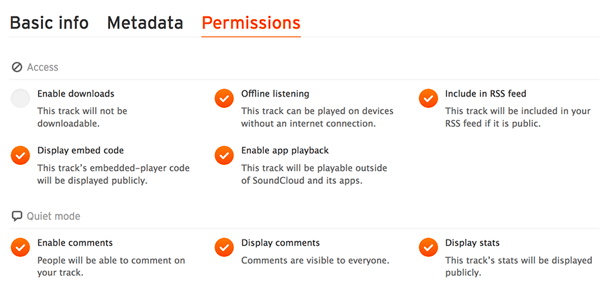 Verificați fila Permisiuni pentru a vă asigura că fișierul dvs. audio este inclus în fluxul dvs. SoundCloud RSS.