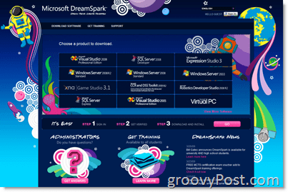 Pagina de start Microsoft DreamSpark - Software gratuit pentru studenți și liceu