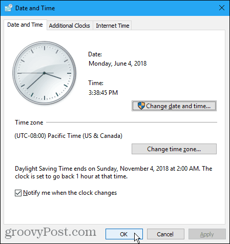 Caseta de dialog Data și ora din Windows