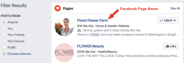 Exemplu al paginii de Facebook numită Floret Flower Farm în rezultatele căutării.