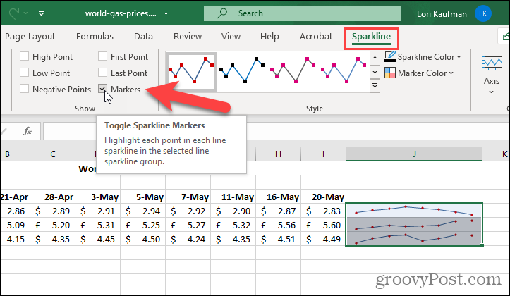 Afișați marcaje pe Sparklines în Excel