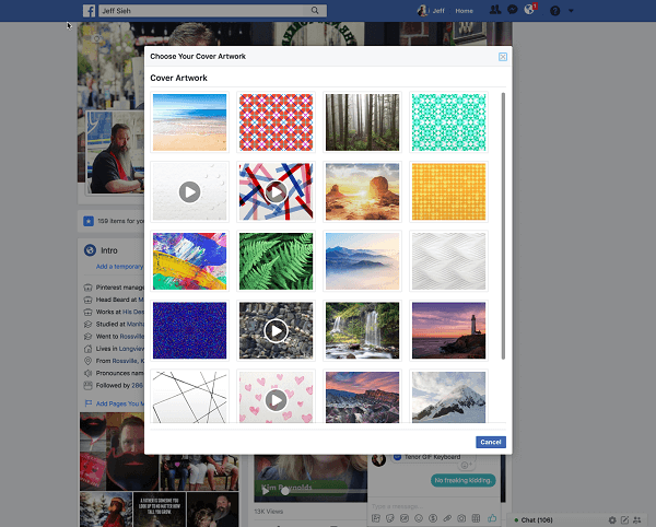 Facebook permite acum utilizatorilor să selecteze un videoclip pentru o imagine de copertă a profilului din biblioteca Artwork. 