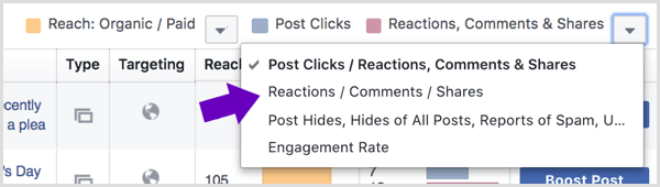 Faceți clic pe săgeata de lângă Reacții, comentarii și trimiteri din pagina dvs. de informații din Facebook.