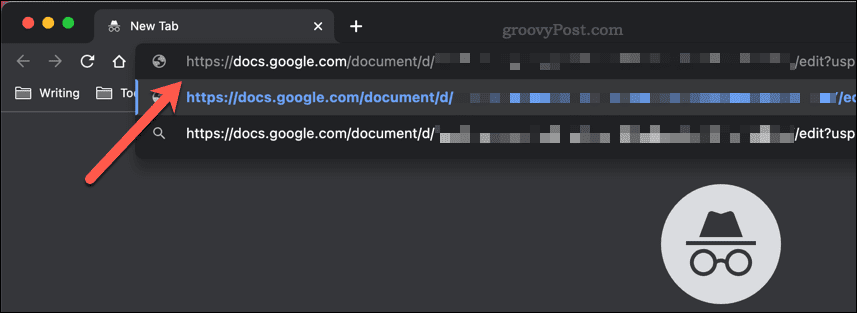Lipirea unui link de partajare Google Docs într-o bară de adrese incognito a ferestrei Google Chrome