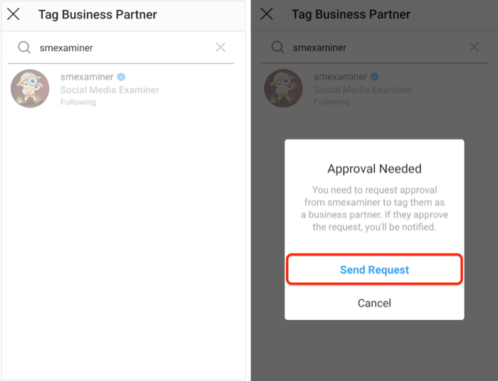 trimiteți cererea de aprobare partenerului de afaceri de pe Instagram