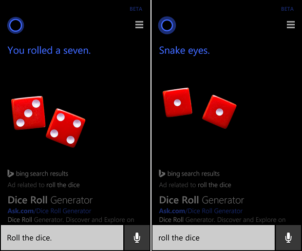 Rotiți o monedă sau rotiți zarurile cu Cortana pe Windows Phone 8.1