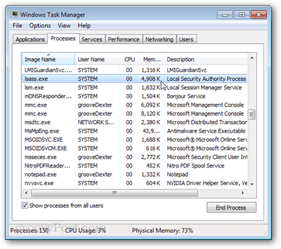 lsass.exe în Windows 7 managerul de sarcini