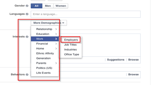 Opțiuni de direcționare la locul de muncă pentru anunțuri facebook