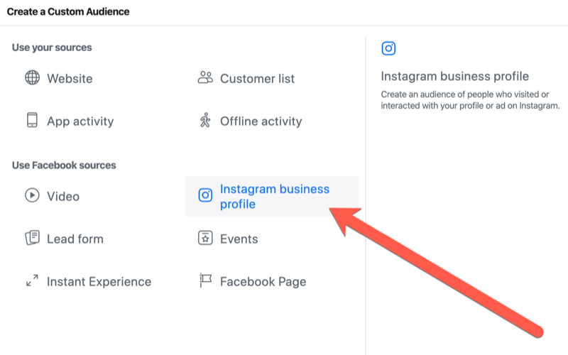 pași pentru a crea un public personalizat de implicare a profilului de afaceri Instagram pentru direcționarea evenimentelor live