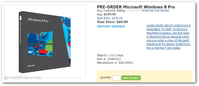 Cumpărați Windows 8 Pro la 40 USD de la Amazon (DVD-ROM, 69,99 USD plus 30 USD Amazon Credit)