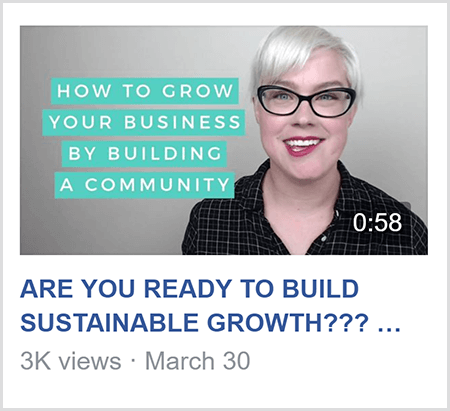 Pentru a preda într-un grup de Facebook, Caitlin Bacher împărtășește un videoclip ca acest videoclip cu textul How To Grow Afacerea dvs. construind o comunitate și o imagine a lui Caitlin de pe umeri în sus și cu fața spre aparat foto.