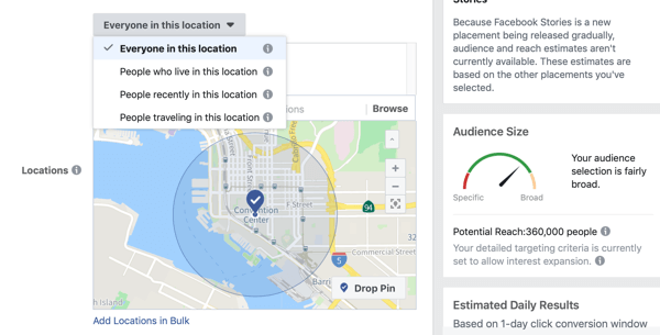 Geofencing în Facebook Ads Manager.