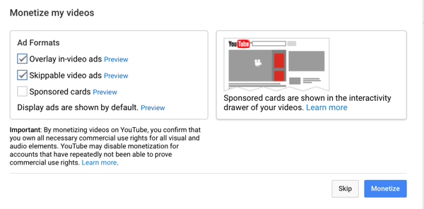 alegeți tipurile de anunțuri pe YouTube