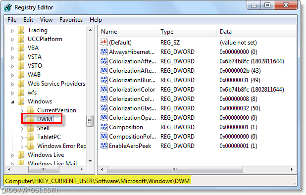 deschide cheia registrului dwm în Windows 7