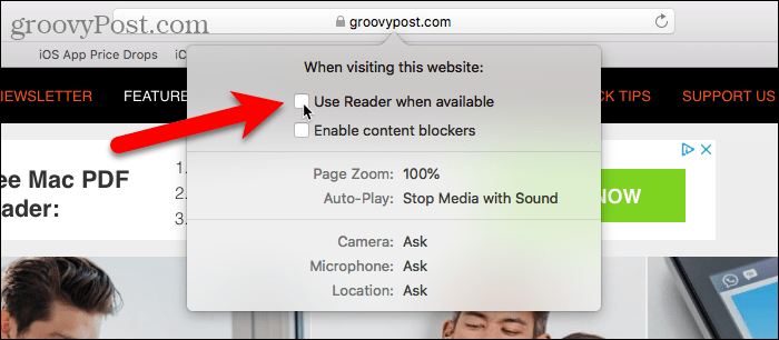 Dezactivați Utilizarea cititorului când este disponibil în Safari pentru Mac