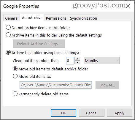 Setări AutoArchive pentru un folder