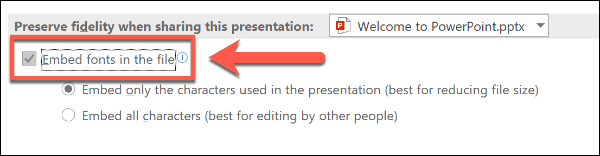 Opțiunea de fonturi încorporate în PowerPoint