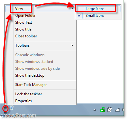 afișează pictograme mari pentru o bară de instrumente pentru bara de activități în Windows 7