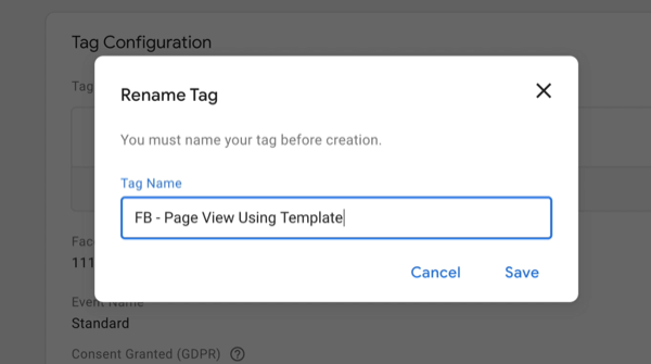 manager de etichete noi Google etichetă nouă cu redenumirea opțiunilor meniului etichetei cu noul nume de etichetă introdus ca „fb - vizualizare pagină folosind șablonul”