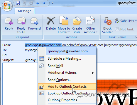 Adăugați la Contacte Outlook 2007