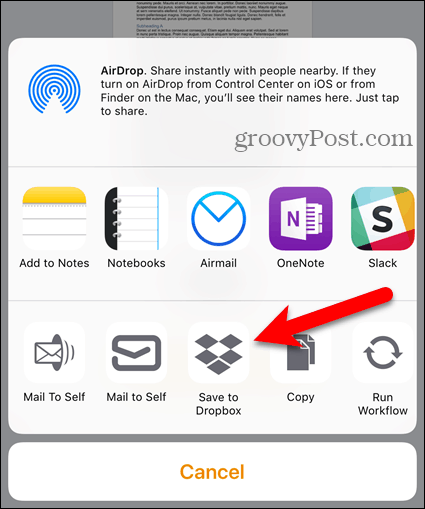 Atingeți Dropbox pe Partea partajare pe iOS