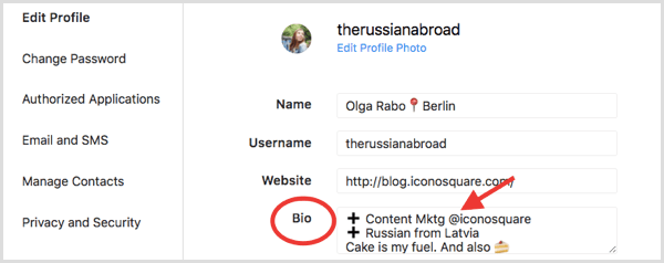 Câmp bio în secțiunea Editați profilul pentru profilul Instagram