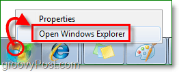 pentru a intra în Windows 7 explorer, faceți clic dreapta pe orb start și faceți clic pe open Windows Explorer