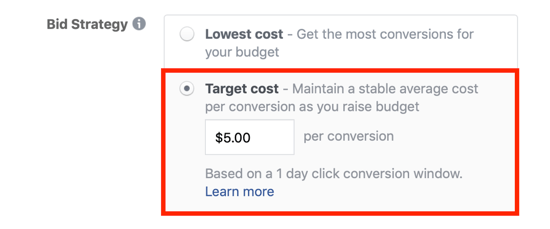 Opțiunea de licitare a costurilor țintă Facebook.